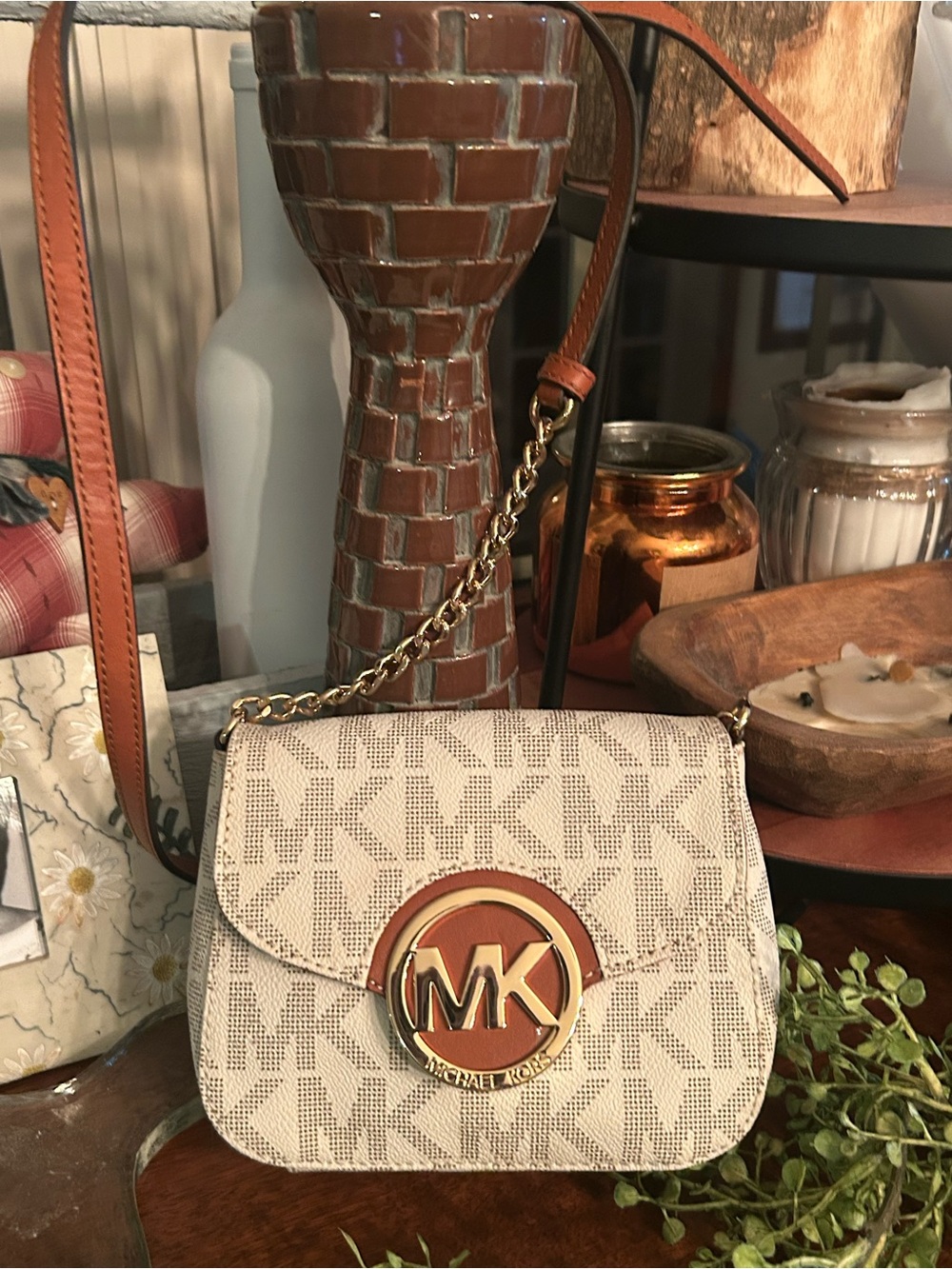 Michael Kors Cream and Tan MK Logo Crossbody Bag